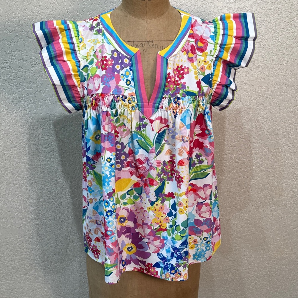 Oddi‎ Women Small Floral Multicolor Ruffle Short Sleeve V-Neck Top NWT
